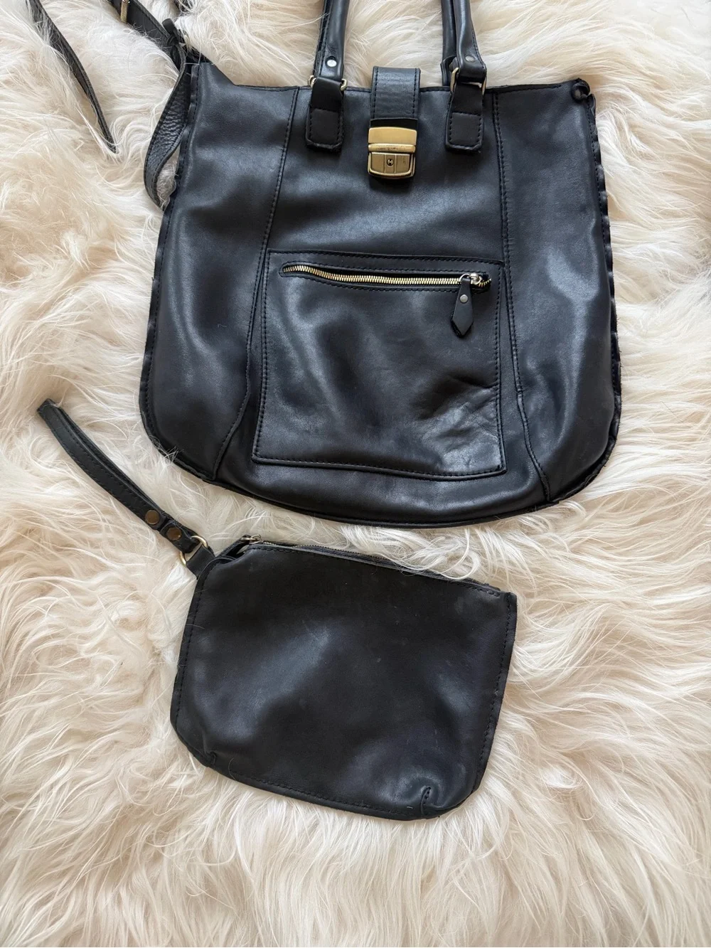 Artisan Genuine Cowhide Leather Tote Handbag with  Wristlet & Key Lanyard